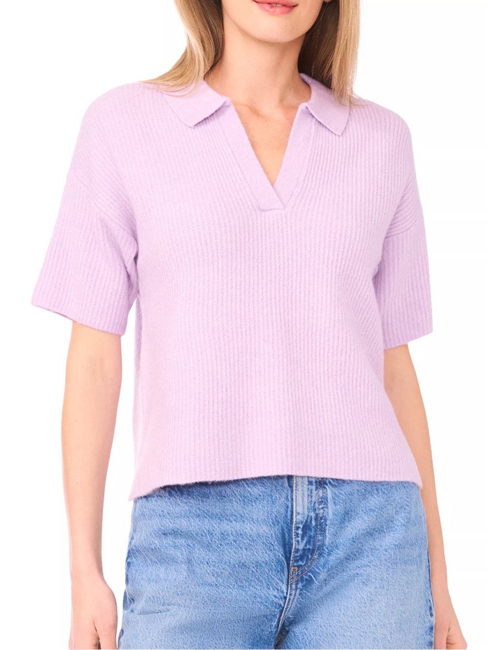 1.STATE Short Sleeve Ribbed Polo Sweater Ribbed Polo Top in Purple Size Small